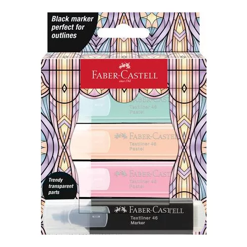 Szövegkiemelő készlet, FABER-CASTELL "Glassy", 3 különböző pasztell szín + fekete