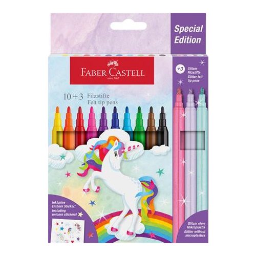 Filctoll készlet, FABER-CASTELL "Unikornis" 10 különböző szín + 3 csillámos