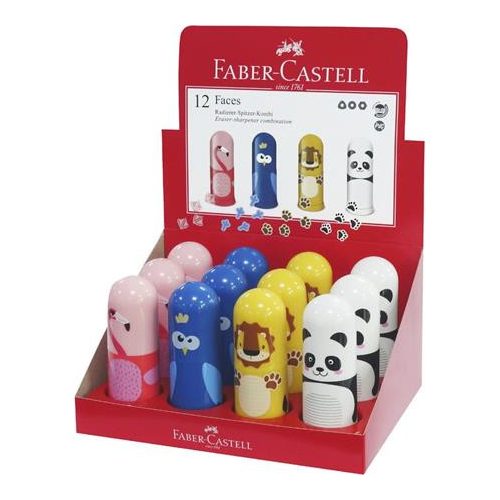 Hegyező, egylyukú, tartályos, radírral, display, FABER-CASTELL "Faces", vegyes minták