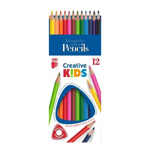 Színes ceruza készlet, háromszögletű, ICO "Creative kids", 12 különböző szín