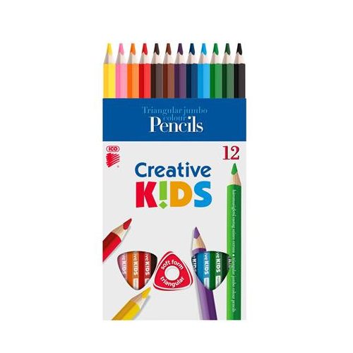 Színes ceruza készlet, háromszögletű, vastag, ICO "Creative kids", 12 különböző szín