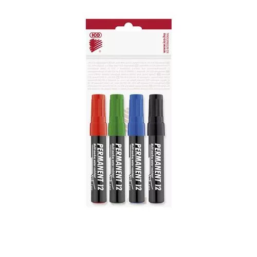 Alkoholos marker készlet, 1-4 mm, vágott, ICO "Permanent 12", 4 különböző szín