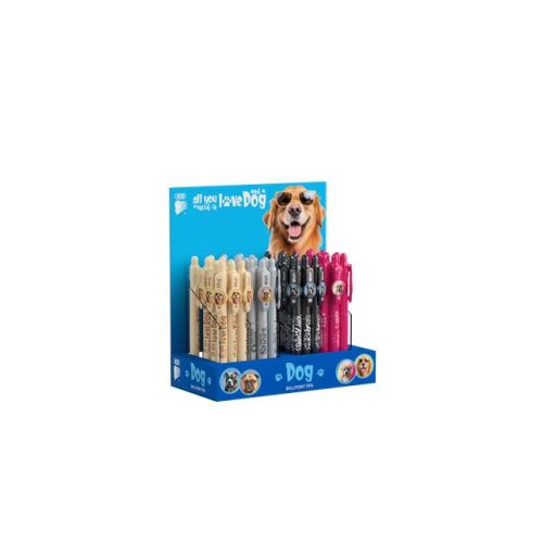 Golyóstoll display, 0,8 mm, nyomógombos, kutyás tolltest, ICO "Dog", kék