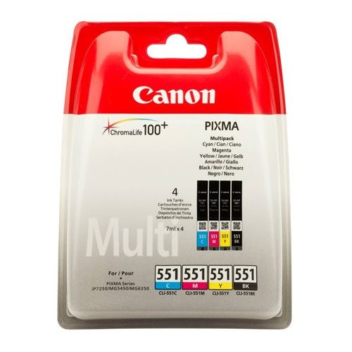 CLI-551KIT Tintapatron multipack Pixma iP7250, MG5450 nyomtatókhoz, CANON, b+c+m+y, 4*7ml