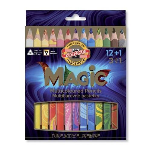 Színes varázsceruza készlet, háromszögletű, KOH-I-NOOR "Magic 3408", 12+1 különböző szín