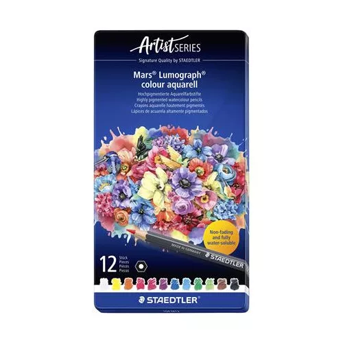 Akvarell színes ceruza készlet, hatszögletű, fémdobozos, STAEDTLER "Mars® Lumograph® 104", 12 különböző szín
