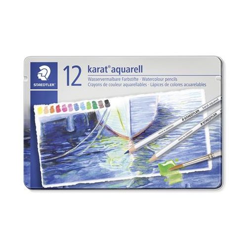 Akvarell ceruza készlet, hatszögletű, fém doboz, STAEDTLER "Karat® aquarell 125", 12 különböző szín