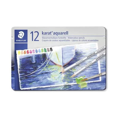 Akvarell ceruza készlet, hatszögletű, fém doboz, STAEDTLER "Karat® aquarell 125", 12 különböző szín