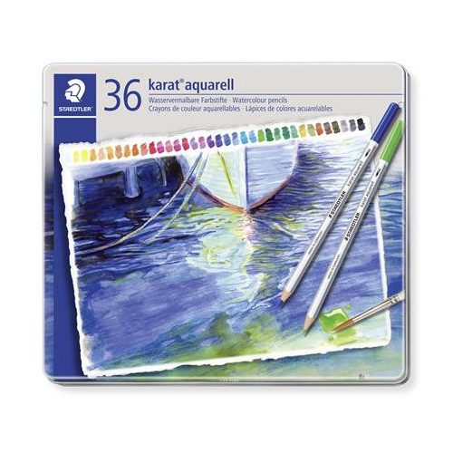 Akvarell ceruza készlet, hatszögletű, fém doboz, STAEDTLER "Karat® aquarell 125", 36 különböző szín