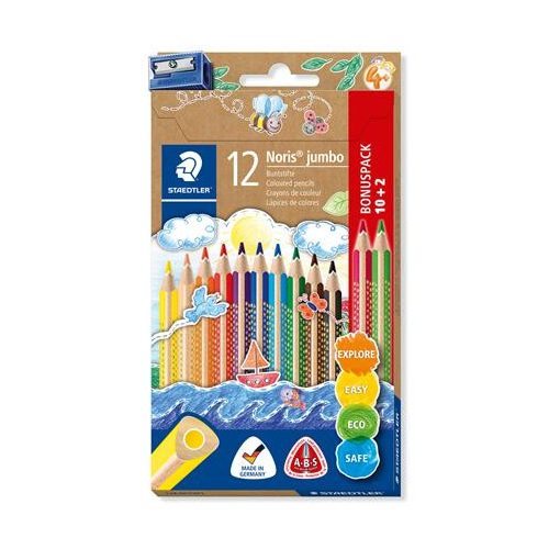 Színes ceruza készlet, háromszögletű, vastag, hegyezővel, STAEDTLER "Noris® Jumbo 128", 10+2 különböző szín
