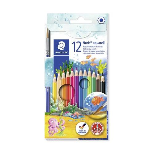 Akvarell ceruza készlet, hatszögletű, ecsettel, STAEDTLER "Noris® aquarell 144 10", 12 különböző szín
