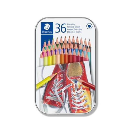 Színes ceruza készlet, hatszögletű, fém dobozban, STAEDTLER "175", 36 különböző szín