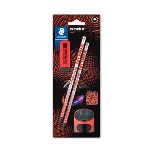 Grafitceruza készlet, hegyezővel, radírral, HB, STAEDTLER "Norix® 181", korall piros