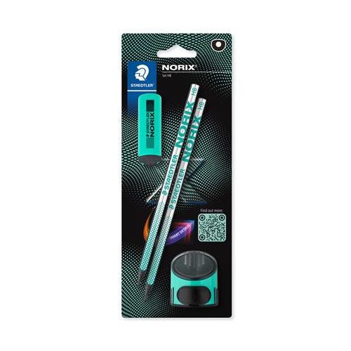 Grafitceruza készlet, hegyezővel, radírral, HB, STAEDTLER "Norix® 181", franciazöld