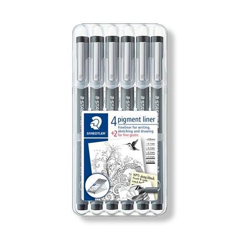 Tusfilc készlet, STAEDTLER "Pigment Liner 308", fekete, 4+2 darab