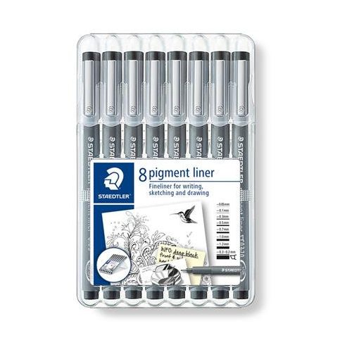 Tusfilc készlet, 8 különböző vonalvastagság, STAEDTLER "Pigment liner 308", fekete