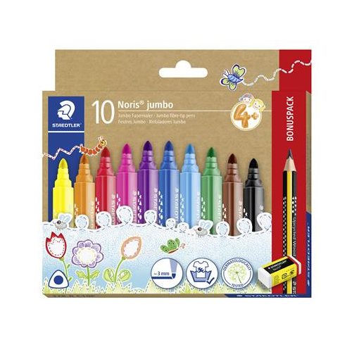 Filctoll készlet, grafitceruzával, radírral, 3 mm, háromszögletű, STAEDTLER "Noris® jumbo 328", 10+1 különböző szín