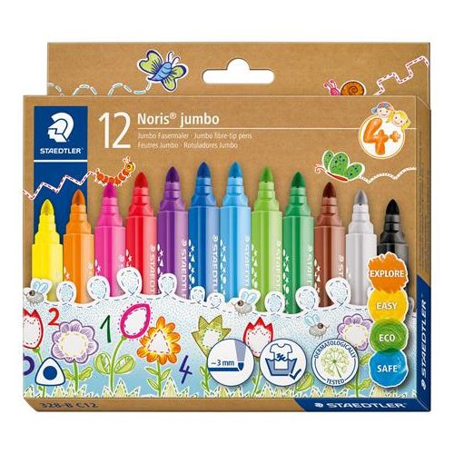 Filctoll készlet, 3 mm, háromszögletű, kimosható, STAEDTLER "Noris® jumbo 328-B", 12 különböző szín