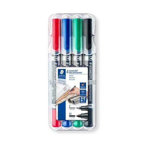 Alkoholos marker készlet, 0,6/1,5 mm, kúpos, kétvégű, STAEDTLER "Lumocolor® duo 348", 4 különböző szín