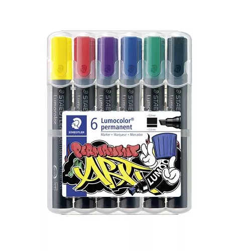 Alkoholos marker készlet, 2-5 mm, vágott, STAEDTLER "Lumocolor® 350", 6 különböző szín