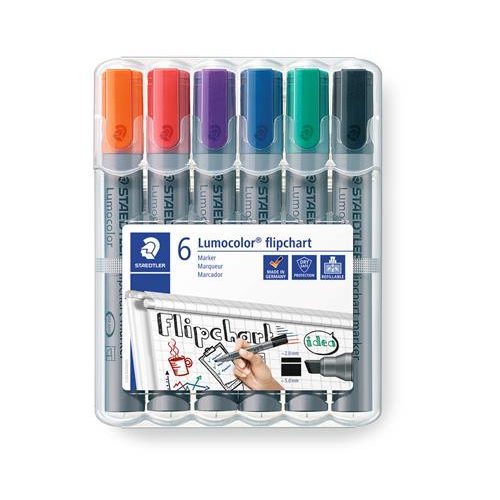 Flipchart marker készlet, 2-5 mm, vágott, STAEDTLER "Lumocolor 356 B", 6 különböző szín