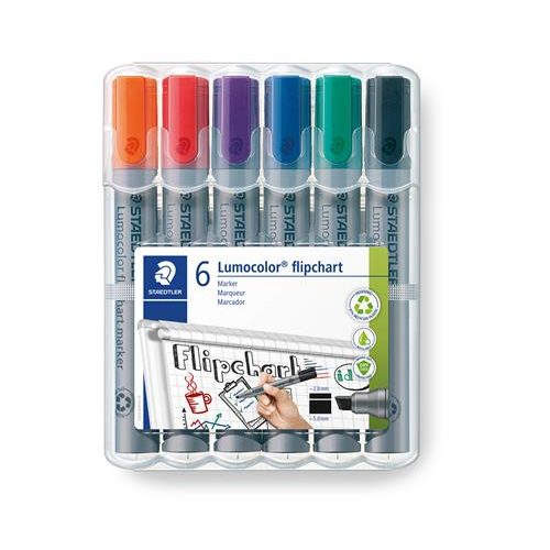 Flipchart marker készlet, 2 mm, kúpos, STAEDTLER "Lumocolor 356", 6 különböző szín