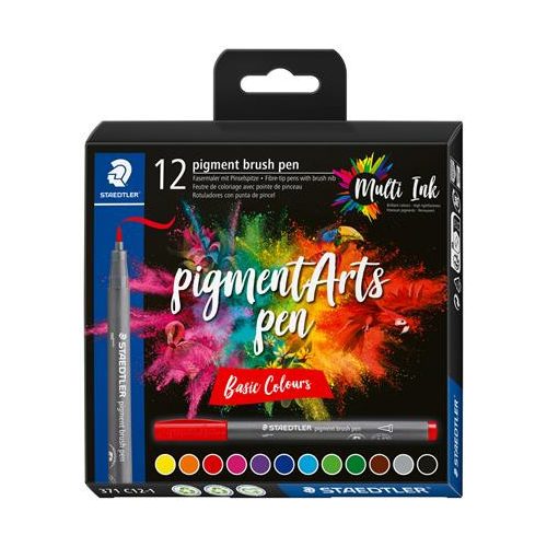 Ecsetirón készlet, STAEDTLER "Pigment brush 371", 12 különböző alapszín