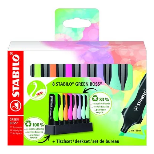 Szövegkiemelő készlet, 2-5 mm, STABILO "Green Boss Pastel", 8 db-os asztali készlet