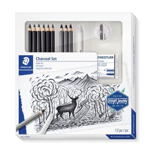 Grafit- és szénceruza készlet, kiegészítőkkel, 12 darabos, STAEDTLER "Mars® Lumograph® 100C"