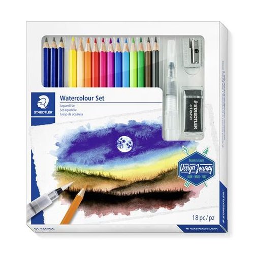 Akvarell ceruza készlet, ecsettel, radírral, hegyezővel, grafitceruzával, STAEDTLER® "146 10C", 12 különböző szín