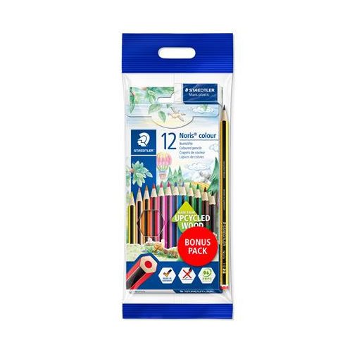 Színes ceruza készlet, hatszögletű, ajándék grafitceruzával és radírral, STAEDTLER "Noris 185", 12 különböző szín