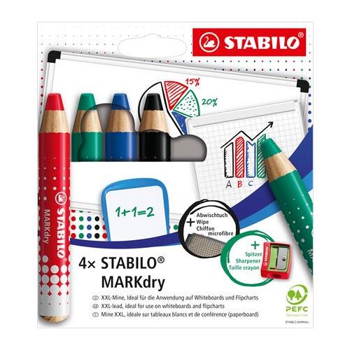 Táblaceruza készlet, fehértáblához, flipchartpapírhoz kúpos, STABILO "MARKdry", 4 féle szín törlővel és hegyezővel