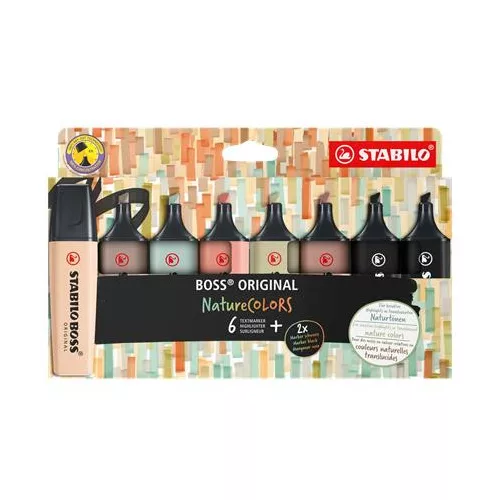 Szövegkiemelő készlet, 2-5 mm, STABILO "BOSS original NatureCOLORS", 6 különböző szín + 2 fekete