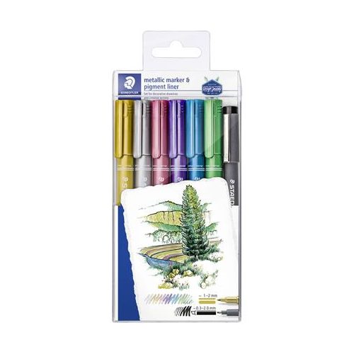 Dekormarker, 1-2 mm, kúpos, STAEDTLER "8323", 6 különböző metál szín, ajándék fekete tusfilccel