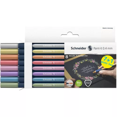 Metálfényű rollertoll készlet, 0,4 mm, SCHNEIDER "Paint-It 050" 8 különböző szín