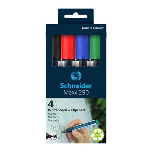 Tábla- és flipchart marker készlet, 2-3 mm, kúpos, SCHNEIDER "Maxx 290", 4 különböző szín