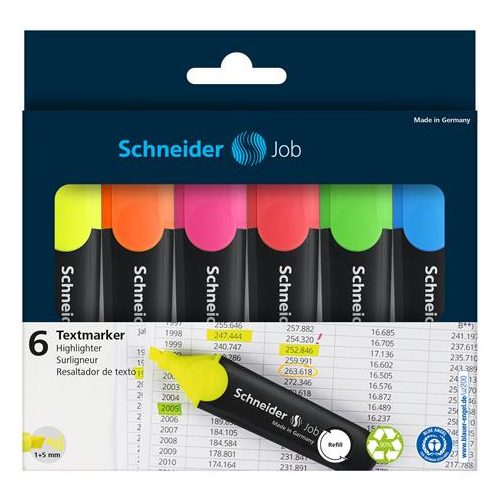Szövegkiemelő készlet, 1-5 mm, SCHNEIDER "Job 150", 6 különböző szín