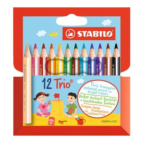 Színes ceruza készlet, háromszögletű, vastag, rövid, STABILO "Trio", 12 különböző szín
