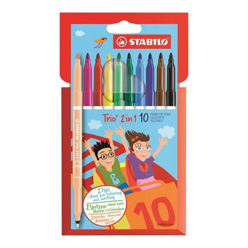 Filctoll készlet, 0,5-2 mm, kétvégű, STABILO "Trio 2 in 1", 10 különböző szín