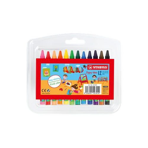 Zsírkréta, műanyag dobozban, STABILO "Yippy-wax", 12 különböző szín