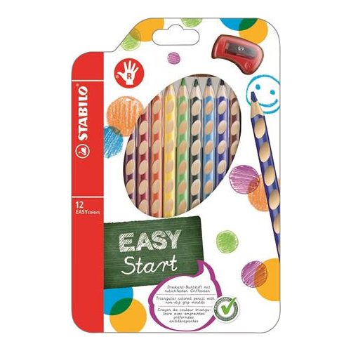 Színes ceruza készlet, háromszögletű, jobbkezes, STABILO "EasyColours", 12 különböző szín