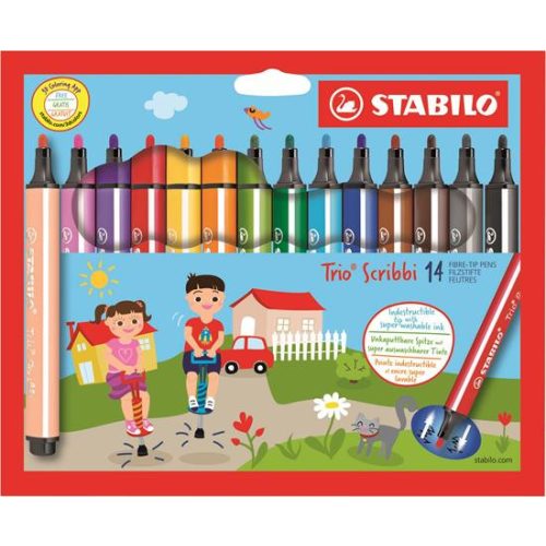 Filctoll készlet, 1,5-2 mm, rugós hegy, STABILO "Trio Scribbi", 14 különböző szín