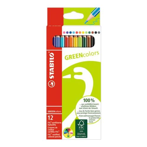 Színes ceruza készlet, hatszögletű, STABILO "GreenColors", 12 különböző szín