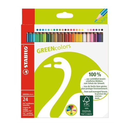 Színes ceruza készlet, hatszögletű, STABILO "GreenColours", 24 különböző szín