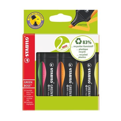 Szövegkiemelő készlet, 2-5 mm, STABILO "Green Boss", 4 különböző szín