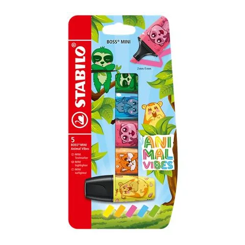 Szövegkiemelő készlet, 2-5 mm, STABILO "Boss Mini Animal Vibes", 5 különböző szín