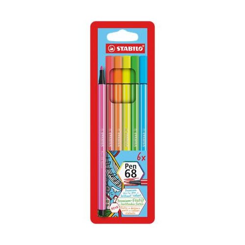 Rostirón készlet, 1 mm, STABILO "Pen 68", 6 neon szín