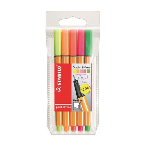 Tűfilc készlet, 0,4 mm, STABILO "Point 88 Mini Neon", 5 különböző szín