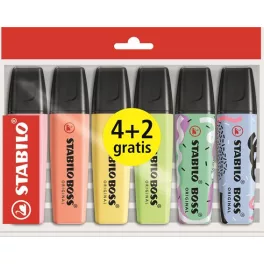   Szövegkiemelő készlet, 2-5 mm, STABILO "Boss Original", 4+2 különböző pasztell szín