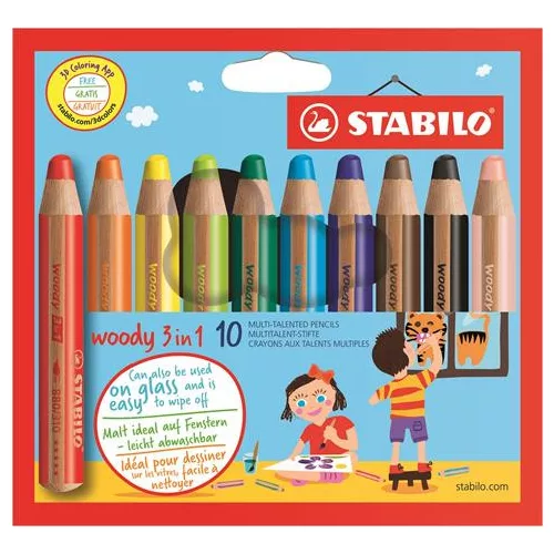 Színes ceruza készlet, kerek, vastag, STABILO "Woody 3 in 1", 10 különböző szín